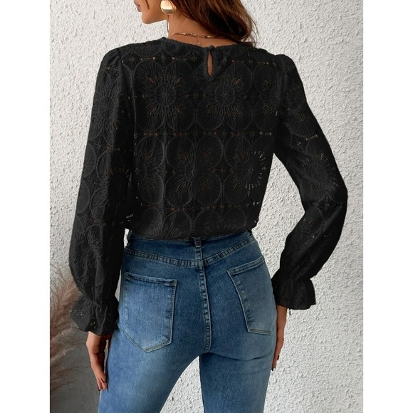Black Crochet Lace Embroidered Boho Blouse Romantic Coquette NWT Size XL - Picture 2 of 6
